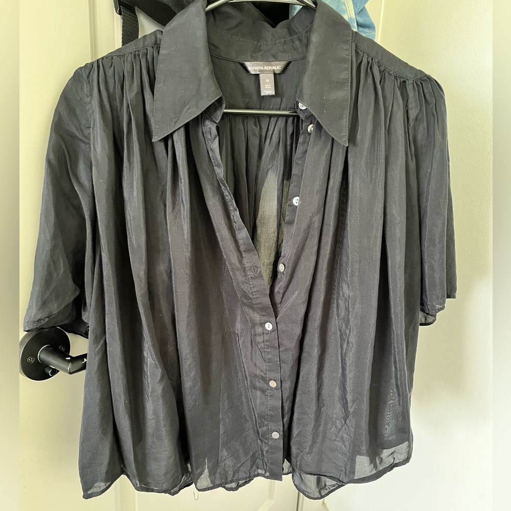 Black sheer button down Rosalie cotton silk top by Banana Republic - black